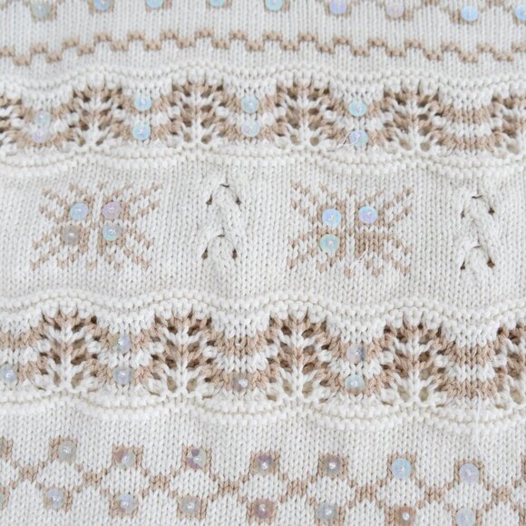 Vintage Liz Sport Cream w Tan Snowflakes Knit Beaded Crewneck Sweater M - Picture 10 of 12